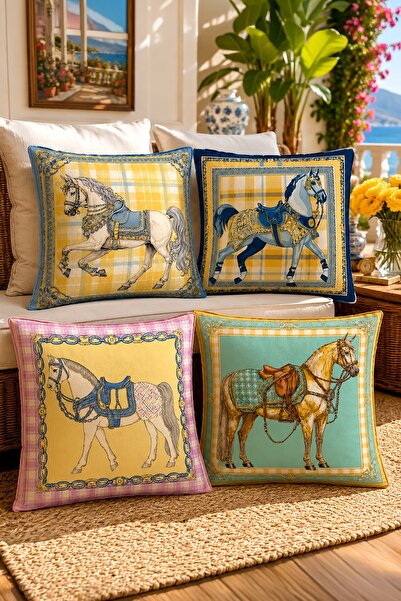 EVPANYA Asil Ifli Horses Patterned 4-Piece Throw Pillow Cover Set