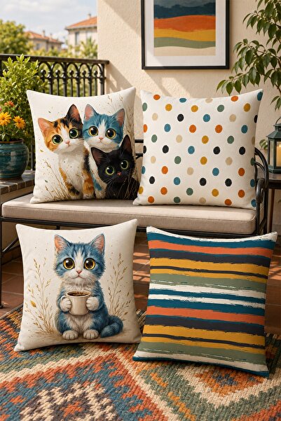 EVPANYA Cute Cats Patterned 4-Piece Throw Pillow Cover Set