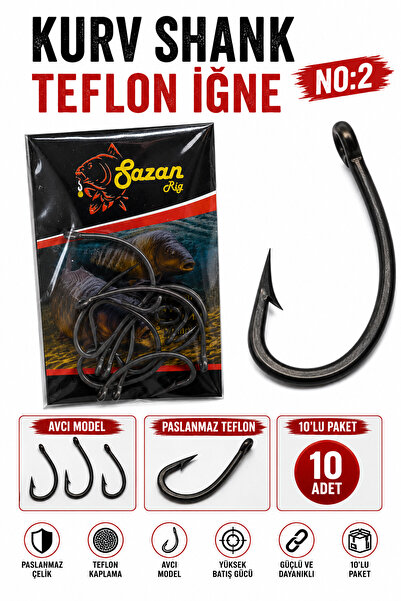 sr sazanrig Kurv Shank Model Teflon Mat Siyah Delikli Olta Iğnesı 2 No (10 Adet)