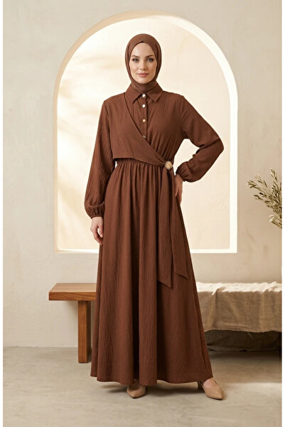 sefamerve Half-Buttoned Elastic Waist Dress 0319-05 Brown