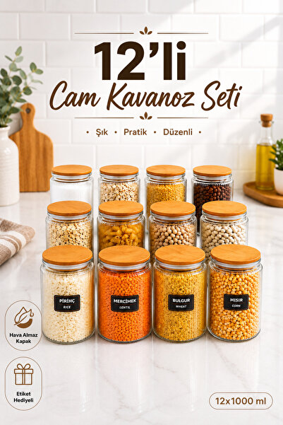 Zivora Home 12'li Ahşap Kapaklı Cam Erzak Kavanozu Seti – 1000 ml Hava Almaz ...