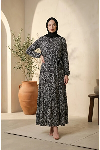 sefamerve Bürümcük Fabric Floral Patterned Belted Hijab Dress 0580-04 Black Ecru