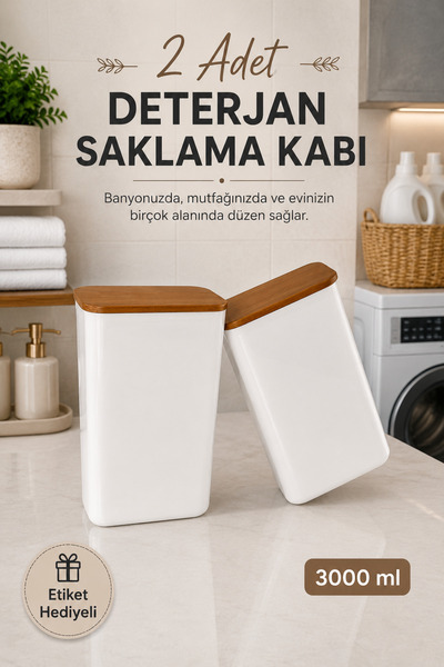 Zivora Home 2'li 3 Lt Etiketli Ahşap Kapaklı Tablet Deterjan Saklama Kabı – B...