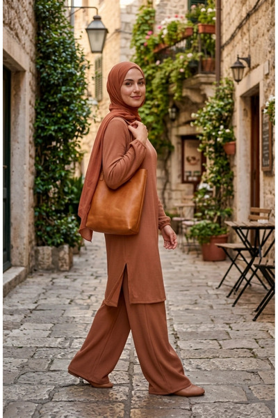 sefamerve Bürümcük Fabric Tunic Pants Hijab Double Set 0571-06 Milky Brown