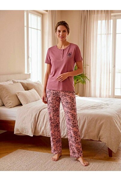 PİJAMOOD Kadın Pamuklu Kısa Kollu Çiçek Desenli Pijama Takımı Gül Kurusu
