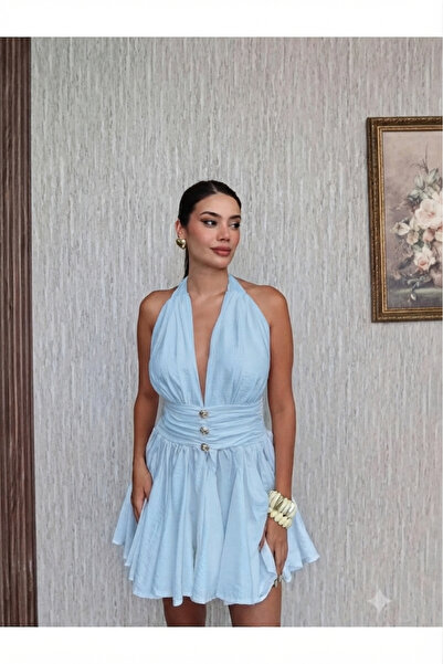 solena sln Women's Halter Neck Mini Dress Backless Waist Cinched Summer Chic ...