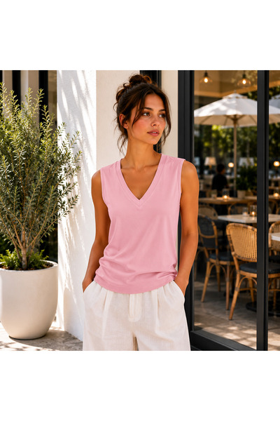 Hayalet Kadın V Yaka Kolsuz T-Shirt Ultra Soft Basic Bluz - Loose Fit/Bol Kesim