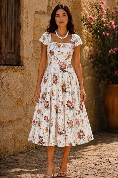 KÜÇÜĞÜM BUTİK Pastel Brown Large Floral Pattern Multi-Piece Flared Dress