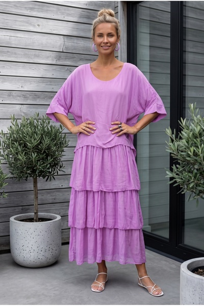 Chiccy Italian Lilac Pool Collar Short Sleeve Lined Layered Silk Woven Dress ...