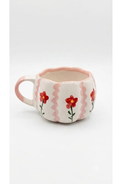 PALTO TASARIM Handmade Cream Shiny Pink Bubble Mug with Red Daisy Design - Ha...