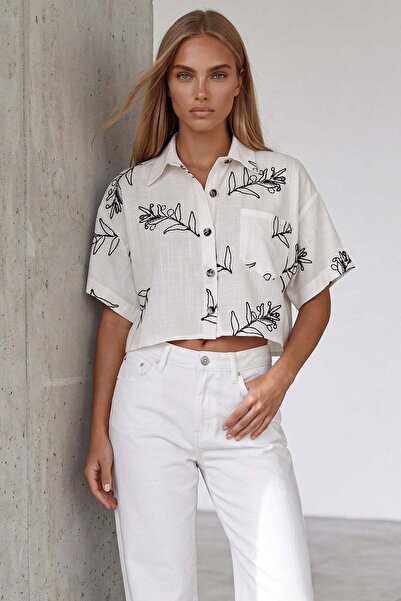 Trend Alaçatı Stili Women's Ecru Embroidered Linen Crop Shirt Alc-X15583