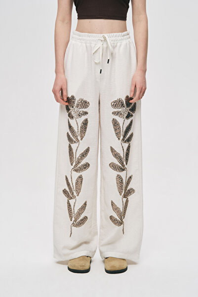 Orfeo Negro Women's Sequin Leaf Embroidered Palazzo Trousers