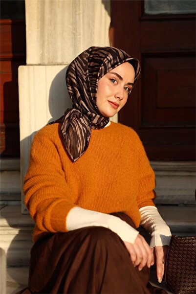 Silk Home Twill İpek Eşarp Vizon Acı Kahve Çizgili Tok Duruşlu 90x90