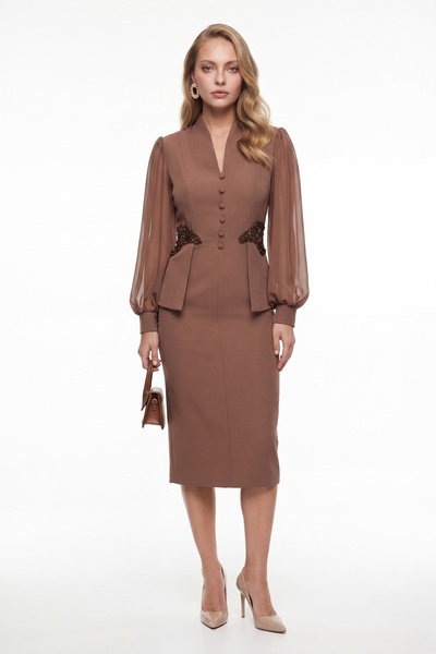 Lafaba Women's Tan Appliqué Detailed Chiffon Sleeve Midi Event Dress