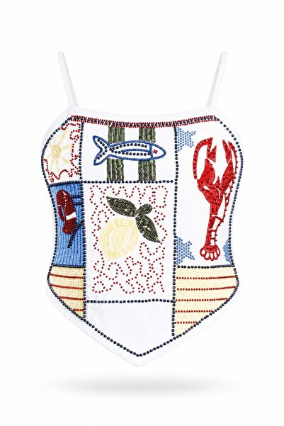 5in1Canpolat White Beaded and Embroidered Bustier 5665