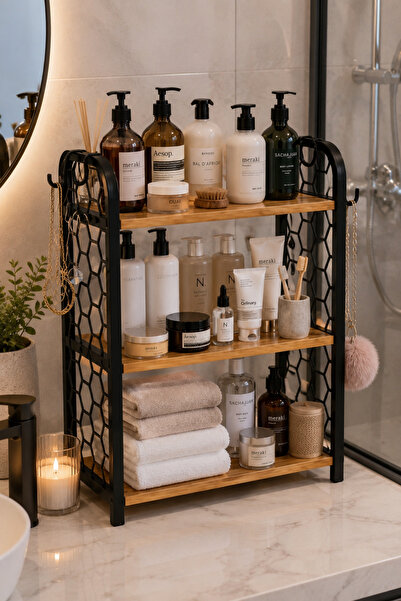 Mim Life 3 Katlı Banyo Rafı Düzenleyici | Ahşap Raflı Plastik Banyo Organizer...