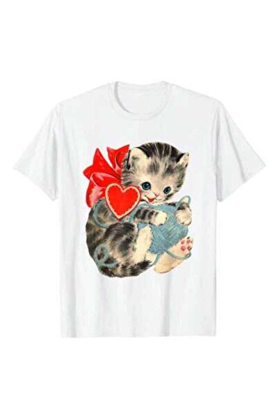 LİNA06 Vintage Valentine's Kitty Cat Yarn Cute Retro Valentine T-Shirt,Ideal ...