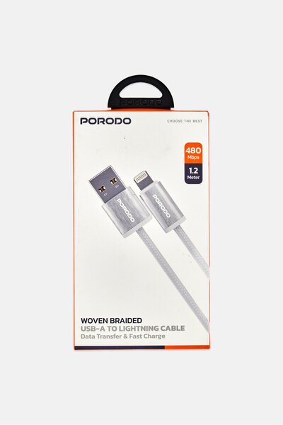 porodo كابل USB-A إلى Lightning مضفر ومنسوج، أبيض اللون