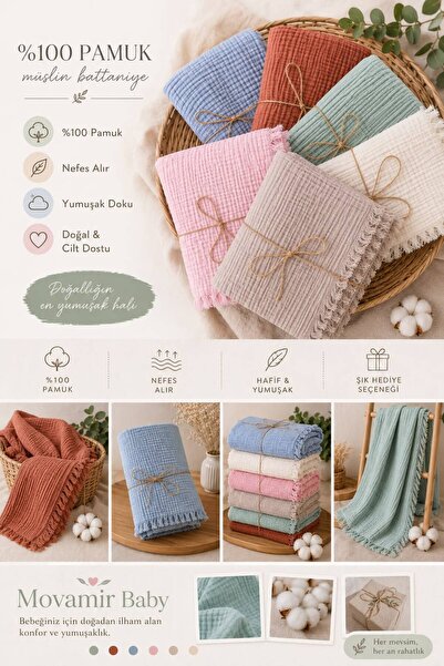 Movamirbaby Movamir Baby %100 Pamuk 4 Kat Müslin Bebek Battaniyesi 100x120