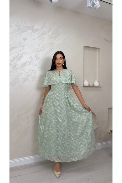 miraylawear CİNDY YEŞİL RENKLİ DANTEL DOKULU KADIN MİDİ ELBİSE