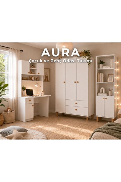 Cozibo Aura Genç Odası - 3'lü Genç Odası Takımı - 3 Kapılı Dolap - Çalışma Ma...