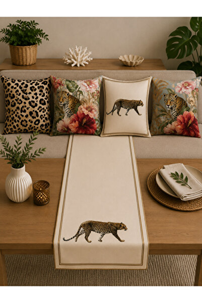 dekomingo Leopard Patterned 4 Cushion Covers (43X43 cm) and 1 Runner (40X140 ...