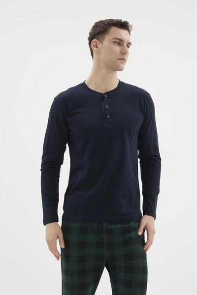 KLY Men's Navy Blue Long Sleeve Buttoned Collar Plaid Pajama Set C1T2N29