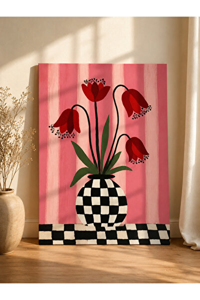 Checkered Bloom- Lale ve Dama Desenli El Yapımı Kanvas Tablo