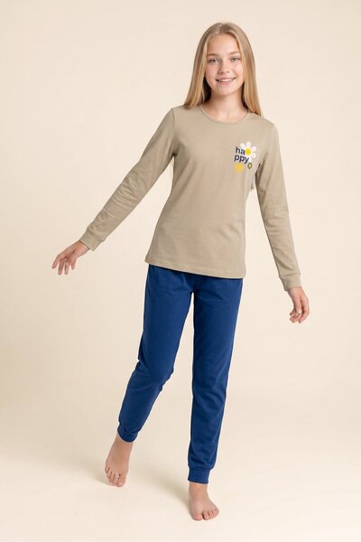 BAYKAR Young Girl's Cotton Crew Neck Printed Long Sleeve Pajama Set 9289 Beige