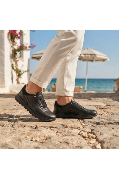 oktay kundura Men's B505K Leather Very Light Poly Sole Black Perforated Outdoor Shoes