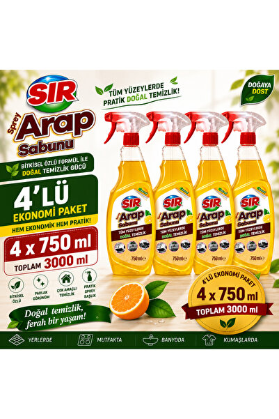 Sır Sıvı Arap Sabunu Sprey Tüm Yüzeylerde Pratik Doğal Temizlik 4 x 750 ML (T...