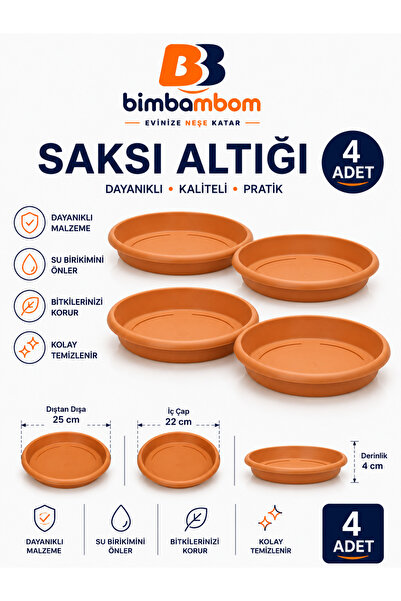 bimbambom Plastik Saksı Tabağı 24 Cm 4 Adet, Saksı Altı, Yemlik, Mama Kabı