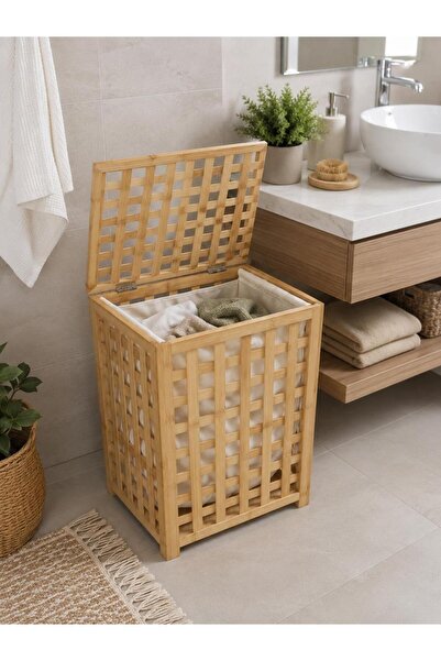 ALLEGRI Bambu Orta Boy Kirli Çamaşır Sepeti Kapaklı Dekoratif Banyo Organizer...