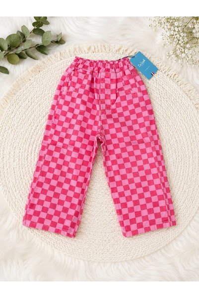 AYDEDE KİDS Girl's Pink Laci'El Paris Elastic Waist Checkered Comfortable Cut Pants