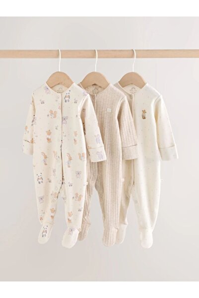 Next Baby Cotton Cream Animal Patterned 3-Piece Jumpsuit Set