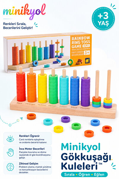 minikyol Gökkuşağı Kuleleri™ 70 Parça Ahşap Renk Eşleştirme Halka Dizme ve Sa...