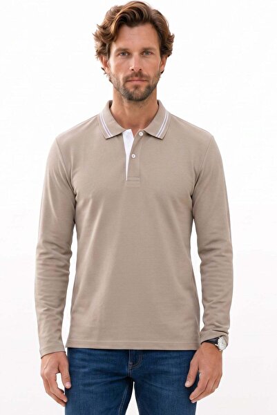 Tudors Men's Slim Fit 100% Cotton Long Sleeve Stone Polo Collar T-Shirt