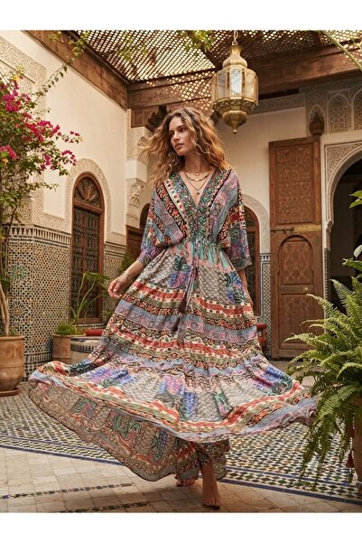 moda gk Boncuk/Nakış Detaylı Parlak Desenli Bohem Pamuk/İpek Elbise