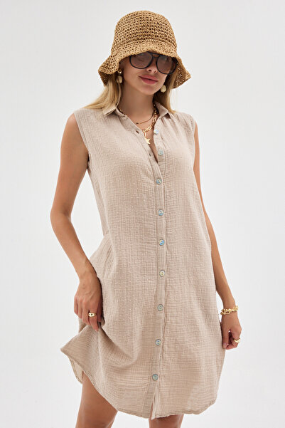 Heaven Ephesus Women's Dress-Elsi̇a Muslin Sleeveless Pompon Dress-3170