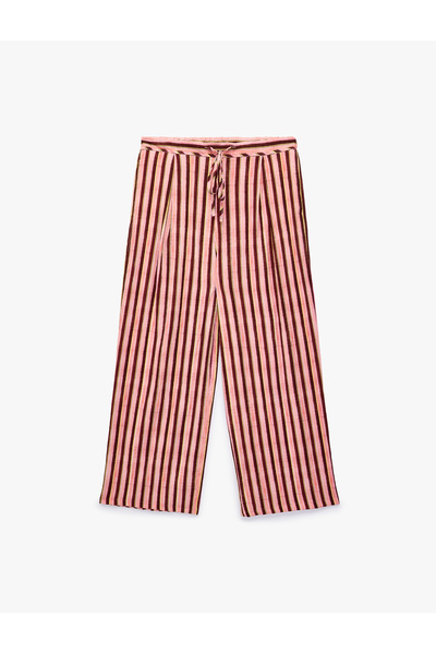 Koton Beli Lace-Up Pocket Detailed Viscose Relaxed Fit Wide Leg Striped Trousers