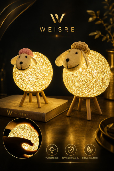 Weisre Kuzu Gece Lambası Rattan Örgü Ahşap Ayaklı Sevimli Dekoratif Led Masa Lambası Bebek Çocuk Odası