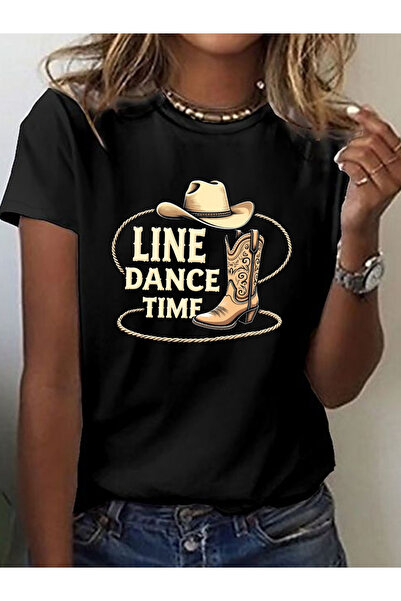 NOURAM تي شيرت نسائي بنمط "Line Dance Time" - برقبة دائرية، أسود، يتميز بتصمي...
