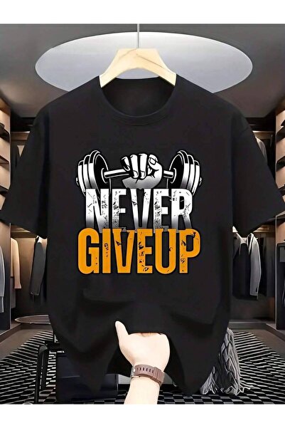 KYMC07 تي شيرت رجالي ملهم باللون الأزرق بطبعة "Never Give Up" - قطن كاجوال، ب...