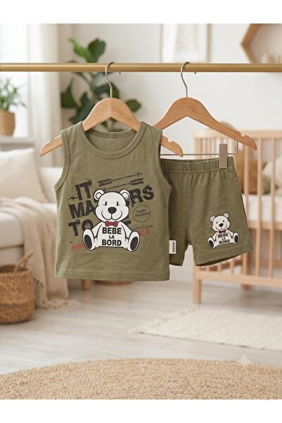 Efemkids Teddy Bear Printed Printed Tank Top Shorts 2-Piece Set for Baby Boy