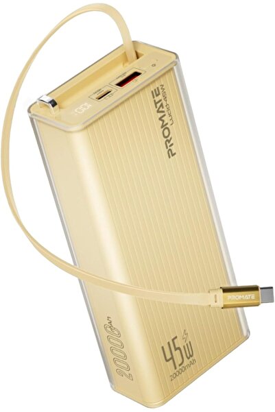 Promate Lucid-45W 20000mAh Power Bank with Retractable USB-C Cable (Gold) | Charges 3 Devices, LED Battery Display, QC 3.0 USB-A Output, Built-in Lanyard for iPhone, Galaxy, iPad & more
