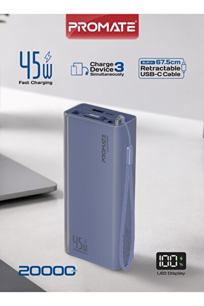 Promate Lucid-45W 20000mAh Power Bank with Retractable USB-C Cable (Purple) |...