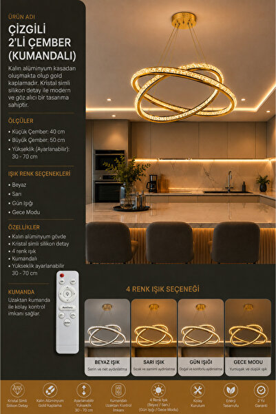 Genel Markalar Çizgili Kalın Kasa İkili Çember Gold LED Avize - 4 Renk Aydınl...