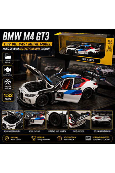 Cici Oyuncak BMW M4 GT3 1:32 Die Cast Metal Model Araba Açılabilir Kapılar Ka...