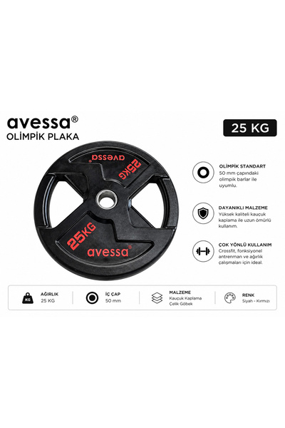 AVESSA Olimpik Plaka 25 KG - 50 MM - Olimpik Standart - Dayanıklı Kauçuk Kaplama