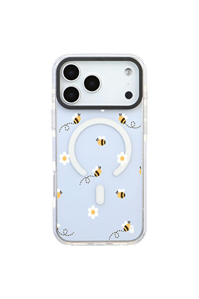 Casen iPhone 17 Pro Yanları Beyaz Magsafe Arty Şeffaf Bees and Flowers Tasarı...
